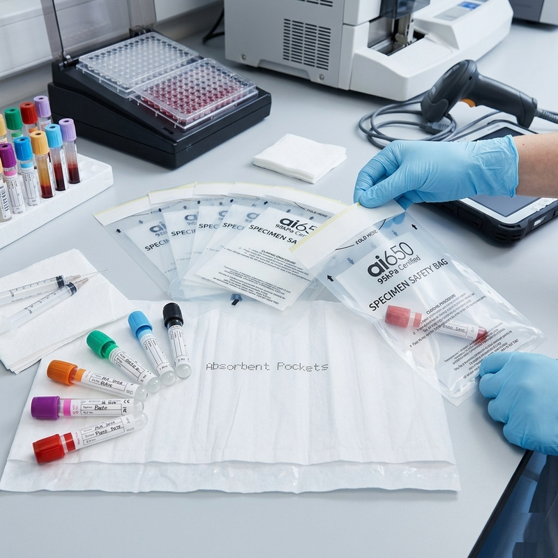 Medical Laborator Disposable Medical 4‑Slot Absorbent Pocket Sleeve Leak‑Proof Specimen Packagingy 4 Slotted Absorbent Pocket With High Absorbency